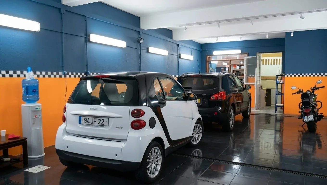 Automóveis no interior da PitStop Wash durante o serviço
