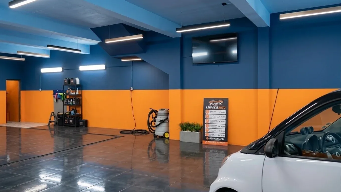 Área ampla de lavagem da PitStop Wash, com iluminação profissional